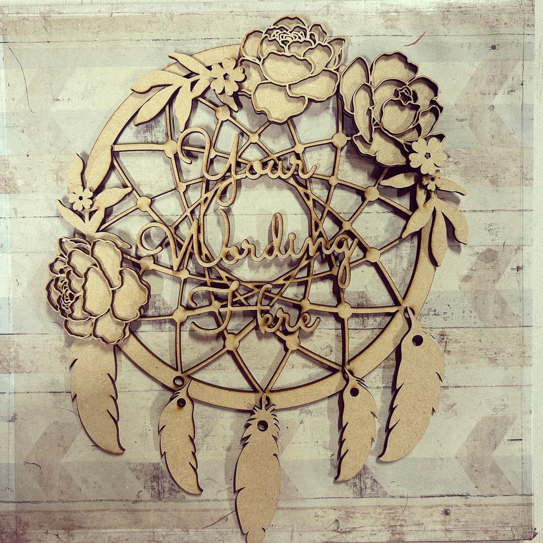 DC109 - MDF Peonies Flower Dream Catcher Style 1 - with Initial or Wording - Olifantjie - Wooden - MDF - Lasercut - Blank - Craft - Kit - Mixed Media - UK
