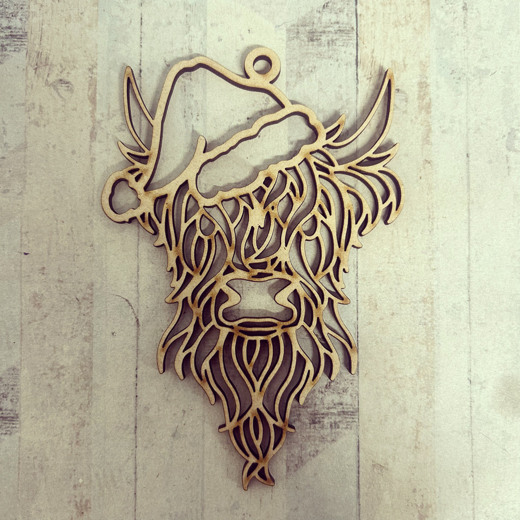 OL3465 - Geometric shape (optional backing) - Santa Hat Highland Cow 1 - Olifantjie - Wooden - MDF - Lasercut - Blank - Craft - Kit - Mixed Media - UK