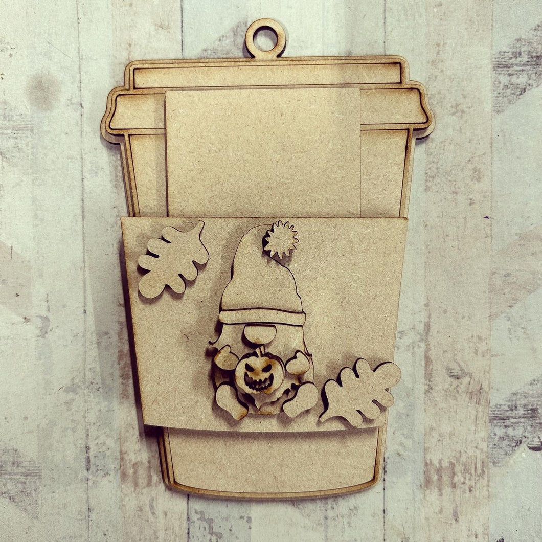 OL4129 - MDF Gift Card Holder - Coffee / Drink Cup - Pumpkin Gnome - Olifantjie - Wooden - MDF - Lasercut - Blank - Craft - Kit - Mixed Media - UK
