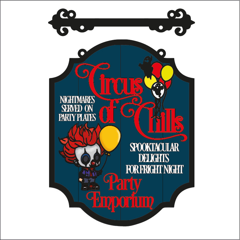 OL3478 - MDF Farmhouse Doodle Halloween - Hanging Sign Layered Plaque - Clown circus of chills - Olifantjie - Wooden - MDF - Lasercut - Blank - Craft - Kit - Mixed Media - UK