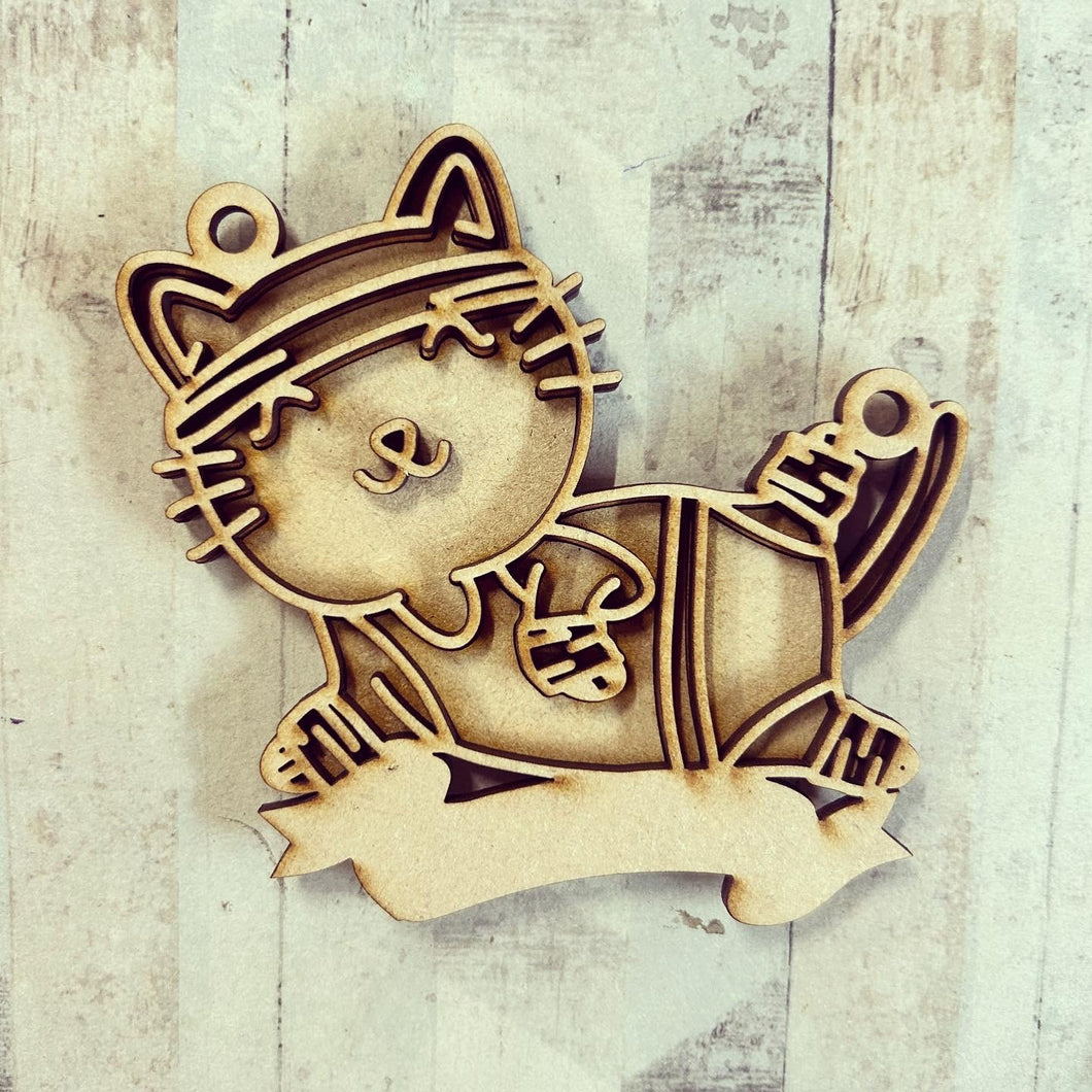 DN063 - MDF Doodle Gym Exercise Cat Hanging - With or without Banner - Olifantjie - Wooden - MDF - Lasercut - Blank - Craft - Kit - Mixed Media - UK