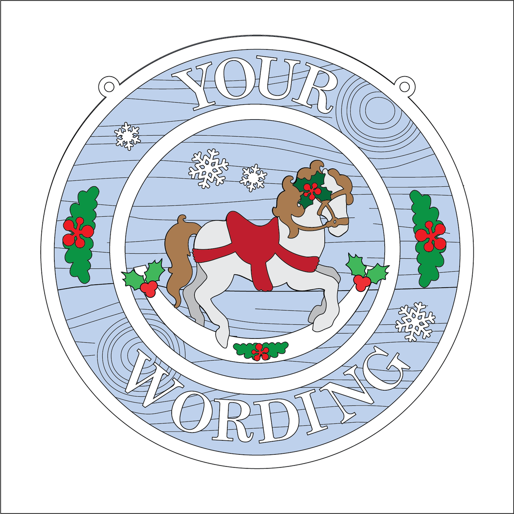 OL5405 - MDF Round Christmas Farmhouse Framed Circle Plaque - Your wording - Rocking Horse - Olifantjie - Wooden - MDF - Lasercut - Blank - Craft - Kit - Mixed Media - UK