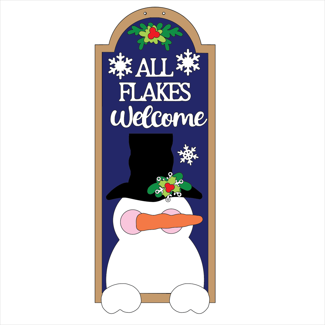 NO793 - MDF All Flakes Welcome Snowman Hanging Plaque - Olifantjie - Wooden - MDF - Lasercut - Blank - Craft - Kit - Mixed Media - UK