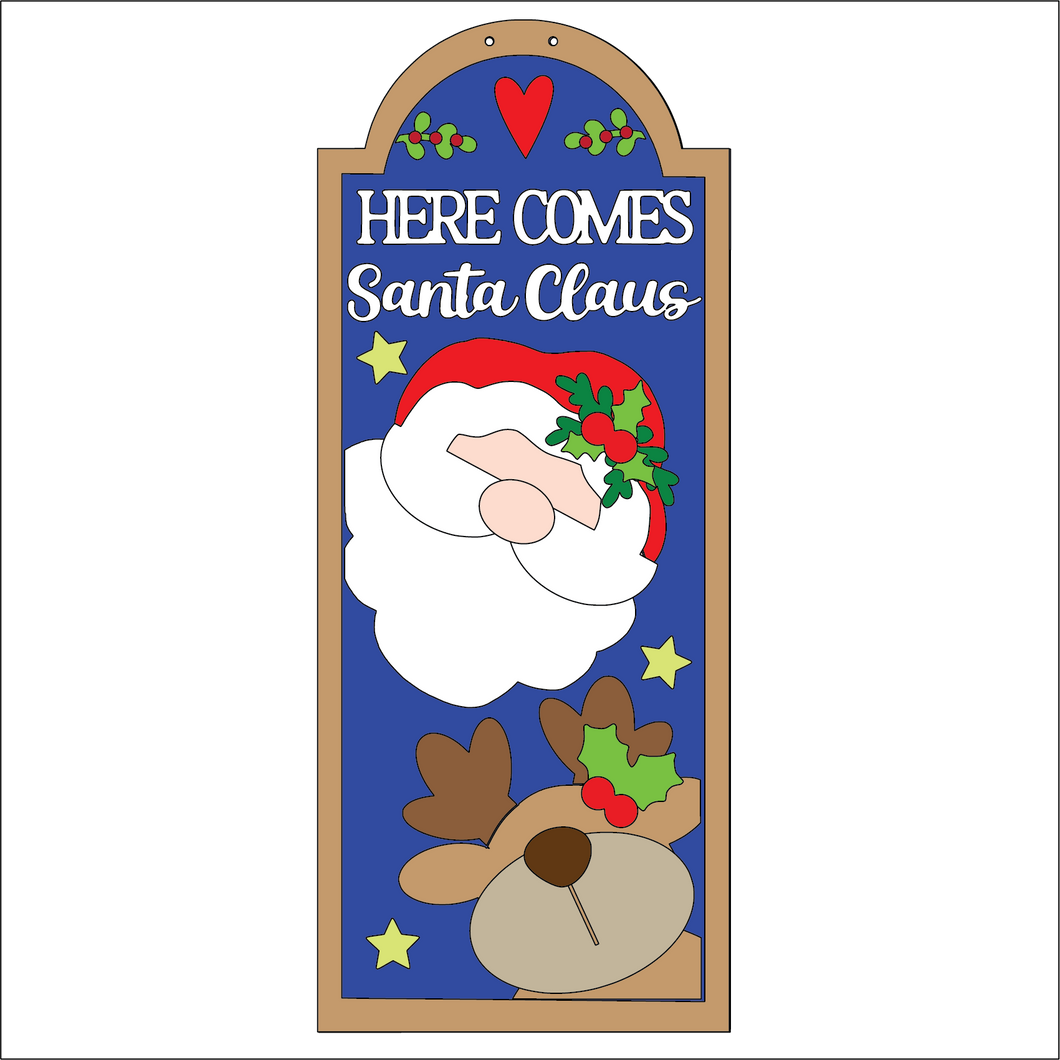 NO797 - MDF Here Comes Santa Claus Hanging Plaque - Olifantjie - Wooden - MDF - Lasercut - Blank - Craft - Kit - Mixed Media - UK
