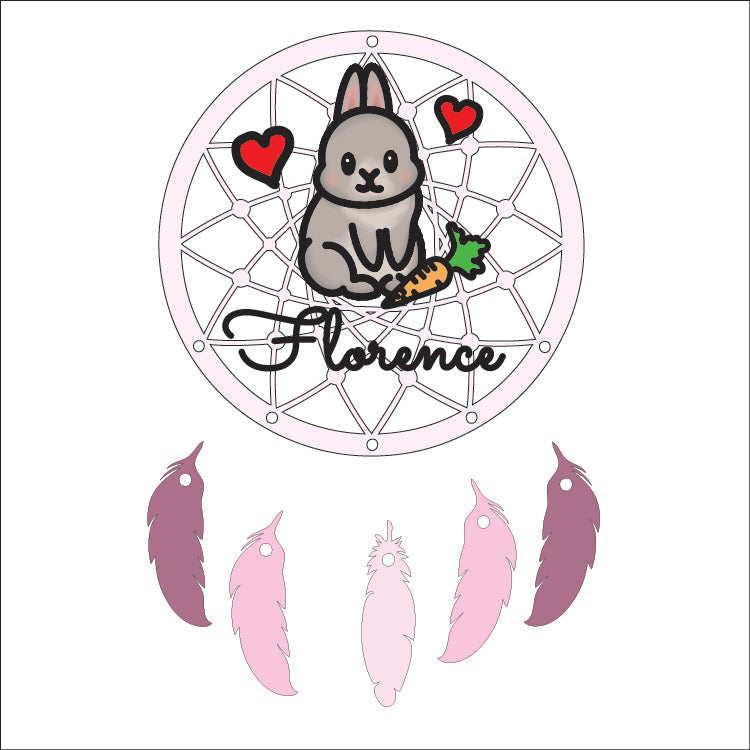 DC121 - MDF Doodle Dream Catcher - with Initial or Wording - Pet - Bunny Rabbit - Olifantjie - Wooden - MDF - Lasercut - Blank - Craft - Kit - Mixed Media - UK
