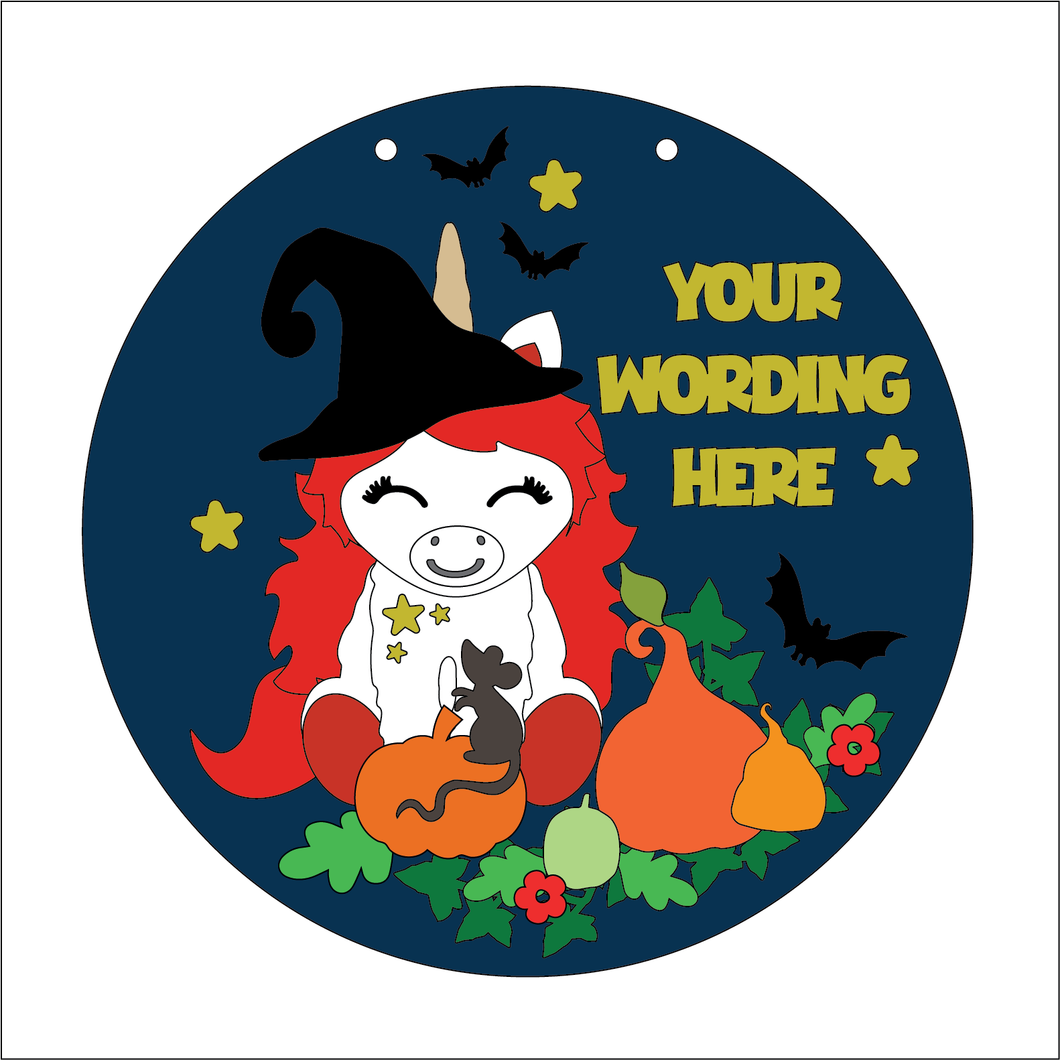 OL5323 - Large Round Halloween Unicorn Personalised Plaque - optional hanging - Olifantjie - Wooden - MDF - Lasercut - Blank - Craft - Kit - Mixed Media - UK