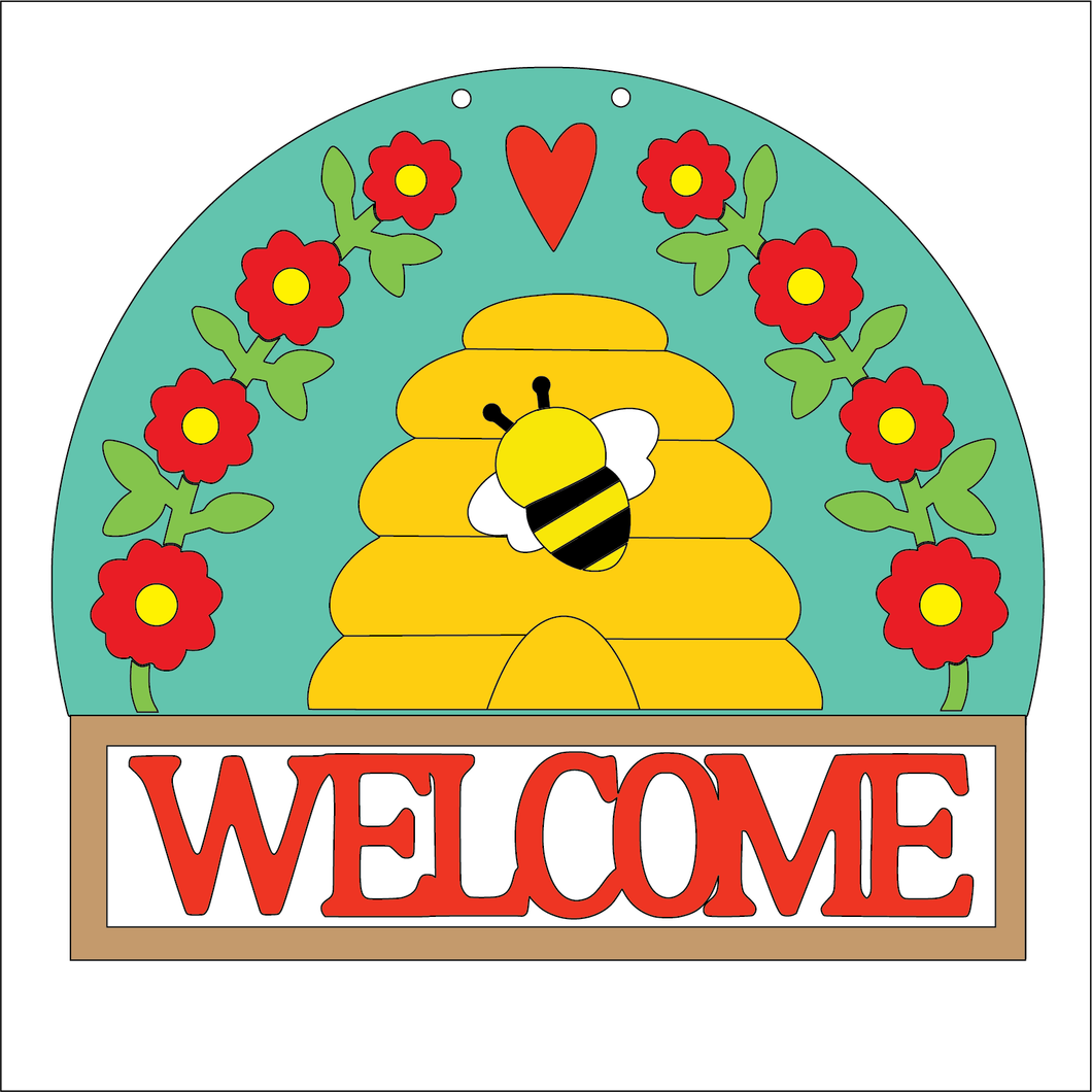 NO762 - MDF Large Bee Hive Welcome Honey Hanging Plaque - Olifantjie - Wooden - MDF - Lasercut - Blank - Craft - Kit - Mixed Media - UK