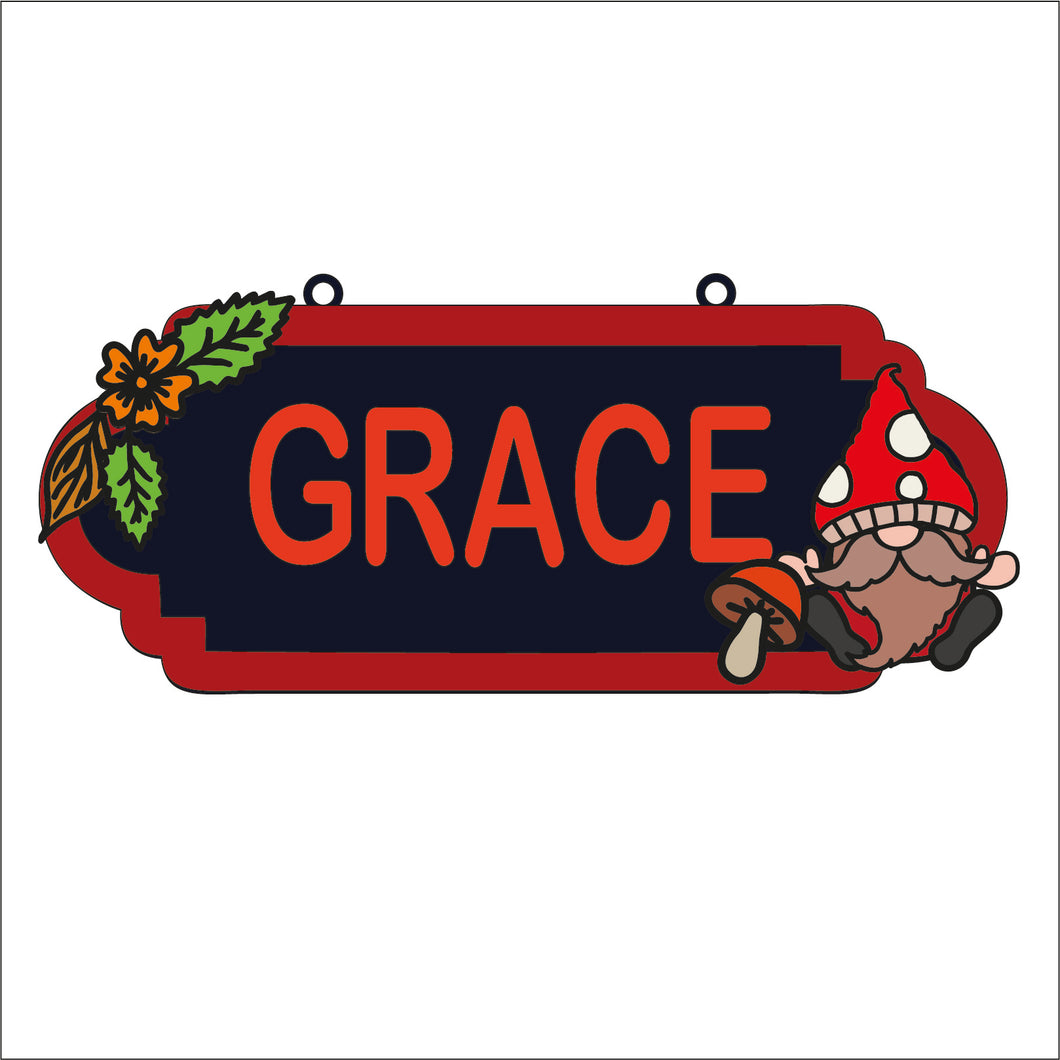 SS184 - MDF Doodle Woodland Gonk - Gnome 1 Personalised Street Sign - Large (12 letters) - Olifantjie - Wooden - MDF - Lasercut - Blank - Craft - Kit - Mixed Media - UK