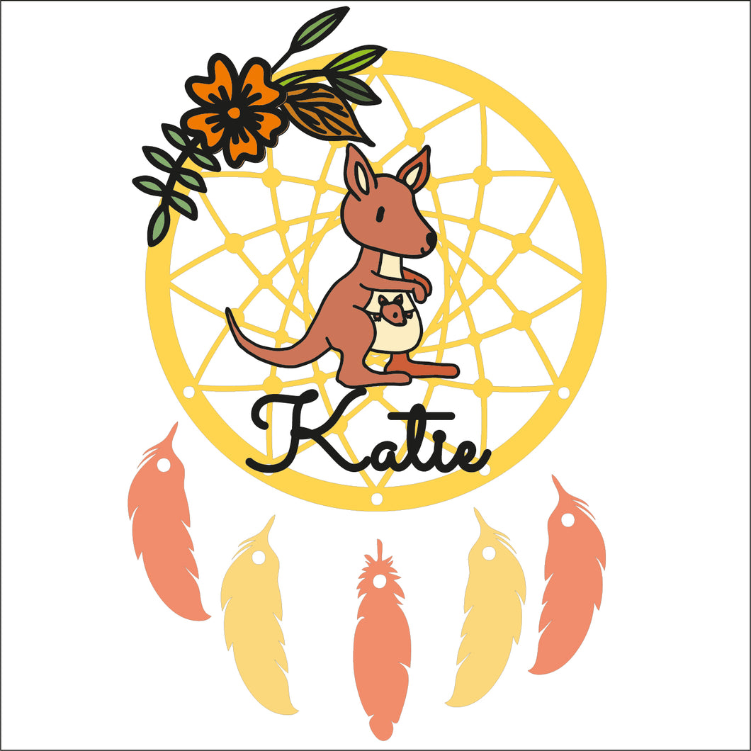 DC093 - MDF Doodle Animals - Kangaroo Dream Catcher - with Initial or Wording - Olifantjie - Wooden - MDF - Lasercut - Blank - Craft - Kit - Mixed Media - UK