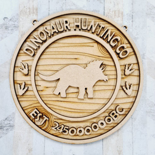 Ol927 - MDF Dinosaur Hunting Co round hanging Plaque (Copy) - Olifantjie - Wooden - MDF - Lasercut - Blank - Craft - Kit - Mixed Media - UK