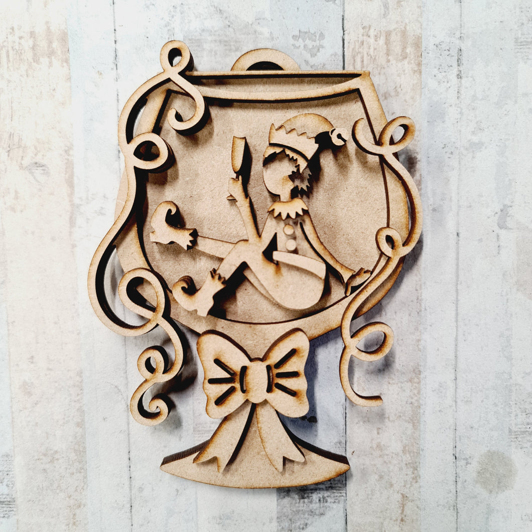 SJ341 - MDF Sarah Jane Christmas Brandy Glass Drunk Elf Ornate Bauble - Olifantjie - Wooden - MDF - Lasercut - Blank - Craft - Kit - Mixed Media - UK