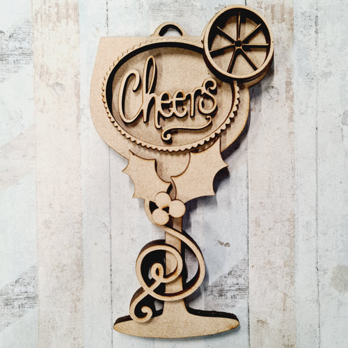 SJ343 - MDF Sarah Jane Christmas  Cheers Cocktail Ornate Bauble - Olifantjie - Wooden - MDF - Lasercut - Blank - Craft - Kit - Mixed Media - UK