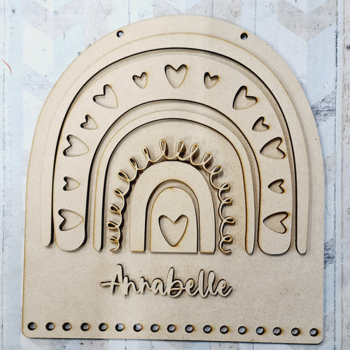 OL820 - MDF Large Rainbow Personalised Plaque with Ribbon Hole - Hearts - Olifantjie - Wooden - MDF - Lasercut - Blank - Craft - Kit - Mixed Media - UK