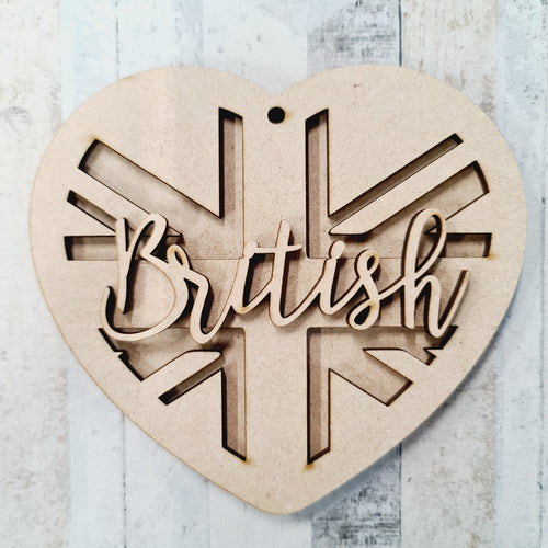 HB036 - MDF Hanging Heart -  Personalised Layered Theme - Union Jack - Olifantjie - Wooden - MDF - Lasercut - Blank - Craft - Kit - Mixed Media - UK