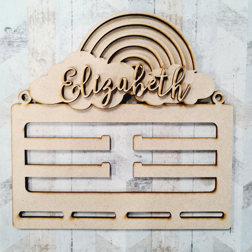 BH037 - MDF Rainbow Cloud  Themed - Medal / Bow Holder - Personalised - Olifantjie - Wooden - MDF - Lasercut - Blank - Craft - Kit - Mixed Media - UK