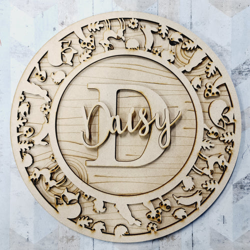 OL489 - MDF Personalised Circle Plaque Frame - Woodland Theme - Olifantjie - Wooden - MDF - Lasercut - Blank - Craft - Kit - Mixed Media - UK