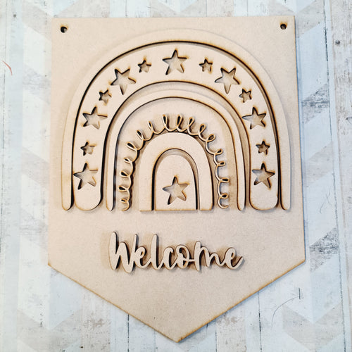 OL818 - MDF Large Rainbow Personalised Flag Plaque Ribbon Hole option - Stars - Olifantjie - Wooden - MDF - Lasercut - Blank - Craft - Kit - Mixed Media - UK