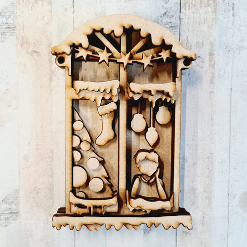 SJ319 - MDF Sarah Jane Winter  Window Scene Hanging - Olifantjie - Wooden - MDF - Lasercut - Blank - Craft - Kit - Mixed Media - UK