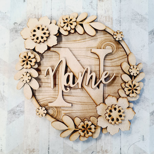 W001 - MDF Pretty Flowers - Initial Wreath - Olifantjie - Wooden - MDF - Lasercut - Blank - Craft - Kit - Mixed Media - UK