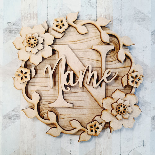 W002 - MDF Leafy Hoop Flowers - Initial Wreath - Olifantjie - Wooden - MDF - Lasercut - Blank - Craft - Kit - Mixed Media - UK