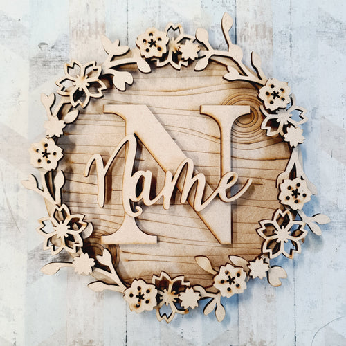 W016 - MDF Cherry Blossom - Initial Wreath - Olifantjie - Wooden - MDF - Lasercut - Blank - Craft - Kit - Mixed Media - UK