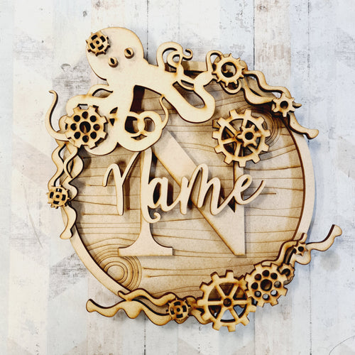W018 - MDF Steampunk Octopus - Initial Wreath - Olifantjie - Wooden - MDF - Lasercut - Blank - Craft - Kit - Mixed Media - UK