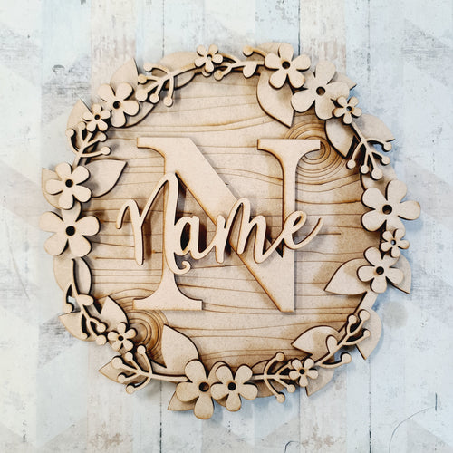 W019 - MDF Retro Flower - Initial Wreath - Olifantjie - Wooden - MDF - Lasercut - Blank - Craft - Kit - Mixed Media - UK