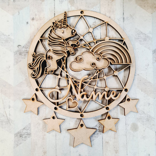 DC096 - MDF Doodle Unicorn Dream Catcher Style 2 - with Initial or Wording - Olifantjie - Wooden - MDF - Lasercut - Blank - Craft - Kit - Mixed Media - UK