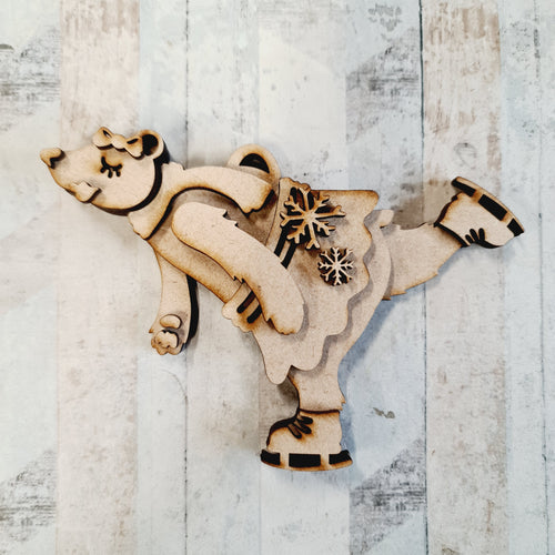SJ317 - MDF Sarah Jane Winter Skating Female Bear - Olifantjie - Wooden - MDF - Lasercut - Blank - Craft - Kit - Mixed Media - UK