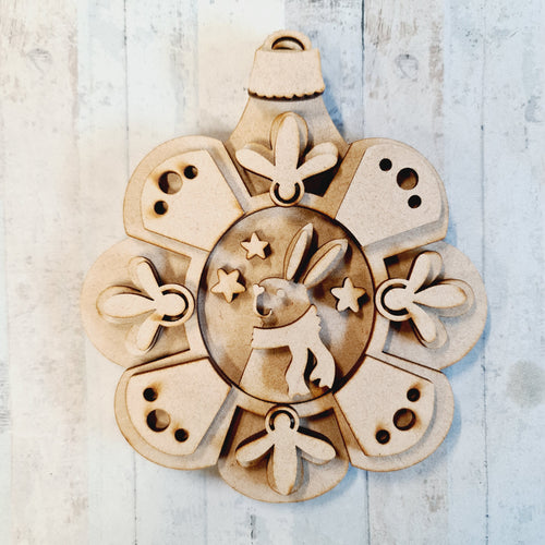 SJ321 - MDF Sarah Jane Winter Rabbit Ornate Bauble - Olifantjie - Wooden - MDF - Lasercut - Blank - Craft - Kit - Mixed Media - UK