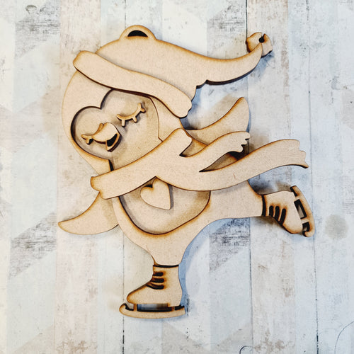 SJ322 - MDF Sarah Jane Winter Female Skating Penguin  Bauble - Olifantjie - Wooden - MDF - Lasercut - Blank - Craft - Kit - Mixed Media - UK