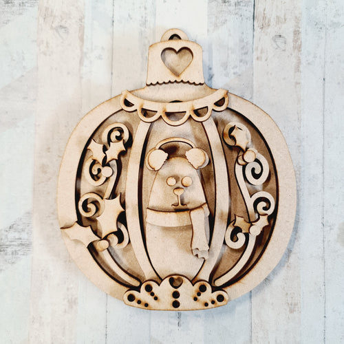 SJ324 - MDF Sarah Jane Winter Round Bear Ornate Bauble - Olifantjie - Wooden - MDF - Lasercut - Blank - Craft - Kit - Mixed Media - UK