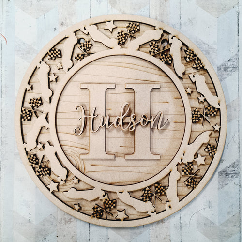 OL593 - MDF Personalised Circle Plaque Frame - Racing Car   Theme - Olifantjie - Wooden - MDF - Lasercut - Blank - Craft - Kit - Mixed Media - UK