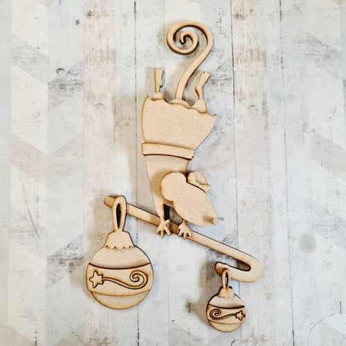 SJ346 - MDF Sarah Jane Christmas  Falling  Mouse Candy Cane  Hanging Bauble - Olifantjie - Wooden - MDF - Lasercut - Blank - Craft - Kit - Mixed Media - UK