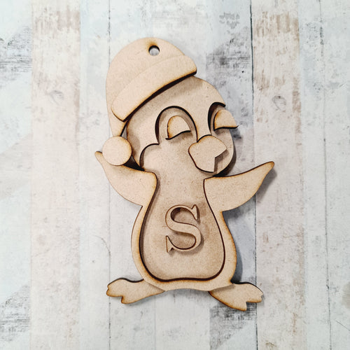 OL1109 - MDF Hanging Initial Penguin - Eyelashes Santa Hat - Olifantjie - Wooden - MDF - Lasercut - Blank - Craft - Kit - Mixed Media - UK