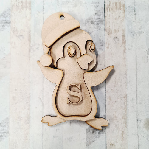 OL1108 - MDF Hanging Initial Penguin - Open Eyes Santa Hat - Olifantjie - Wooden - MDF - Lasercut - Blank - Craft - Kit - Mixed Media - UK