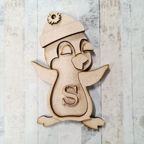 OL1110 - MDF Hanging Initial Penguin - Eyelashes Bobble Hat - Olifantjie - Wooden - MDF - Lasercut - Blank - Craft - Kit - Mixed Media - UK