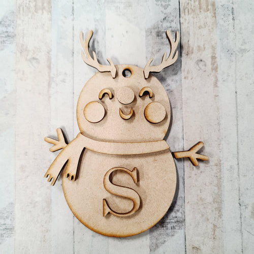 OL1119 - MDF Hanging Initial Snow Person -  Reindeer Horns - Olifantjie - Wooden - MDF - Lasercut - Blank - Craft - Kit - Mixed Media - UK