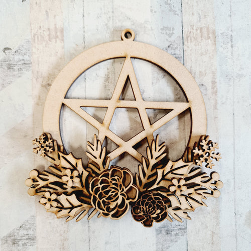 Sale OL437 - MDF Layered Pentagram Winter Floral Themed Hanging Bauble - Olifantjie - Wooden - MDF - Lasercut - Blank - Craft - Kit - Mixed Media - UK