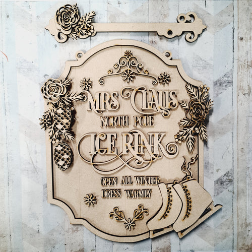 OL2395 - MDF Farmhouse Christmas - Hanging Sign Layered Plaque - Ice Rink Floral - Olifantjie - Wooden - MDF - Lasercut - Blank - Craft - Kit - Mixed Media - UK