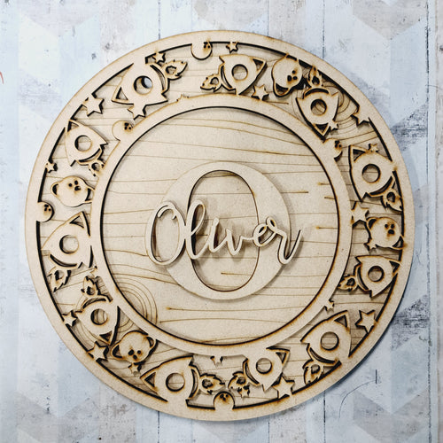 OL581 - MDF Personalised Circle Plaque Frame - Space Rocket Theme - Olifantjie - Wooden - MDF - Lasercut - Blank - Craft - Kit - Mixed Media - UK