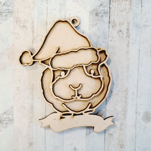 OL2580 - MDF Doodle Animal Hanging - Guinea Pig1 Santa Hat - With or Without Banner - Olifantjie - Wooden - MDF - Lasercut - Blank - Craft - Kit - Mixed Media - UK