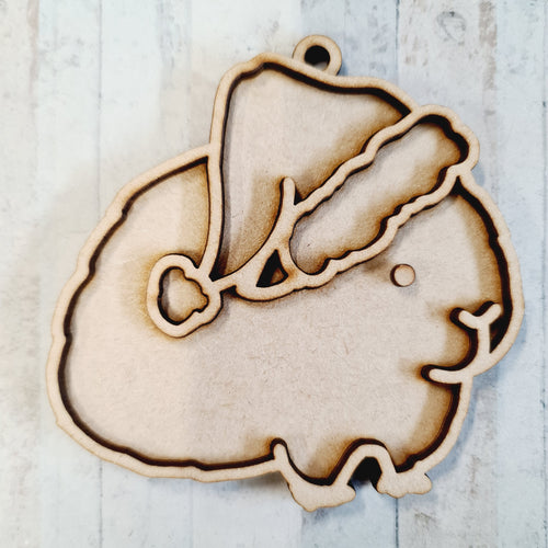 OL2587 - MDF Doodle Animal Hanging - Guinea Pig 8 hat - With or Without Banner - Olifantjie - Wooden - MDF - Lasercut - Blank - Craft - Kit - Mixed Media - UK