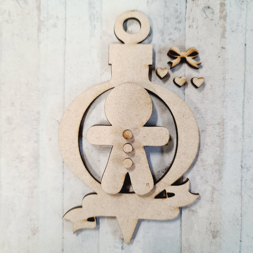 CH023 - MDF Ginger Bread Bauble with Banner - Olifantjie - Wooden - MDF - Lasercut - Blank - Craft - Kit - Mixed Media - UK