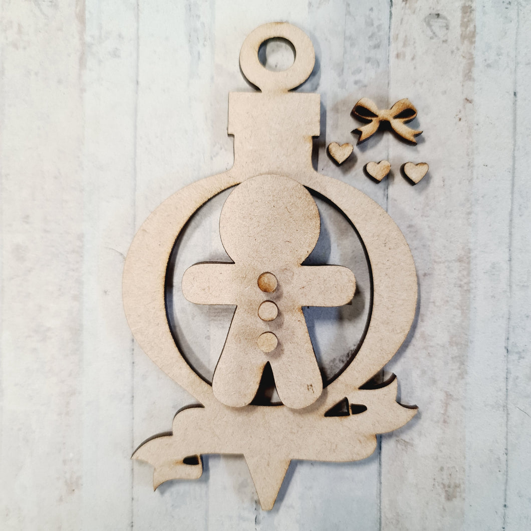 CH023 - MDF Ginger Bread Bauble with Banner - Olifantjie - Wooden - MDF - Lasercut - Blank - Craft - Kit - Mixed Media - UK