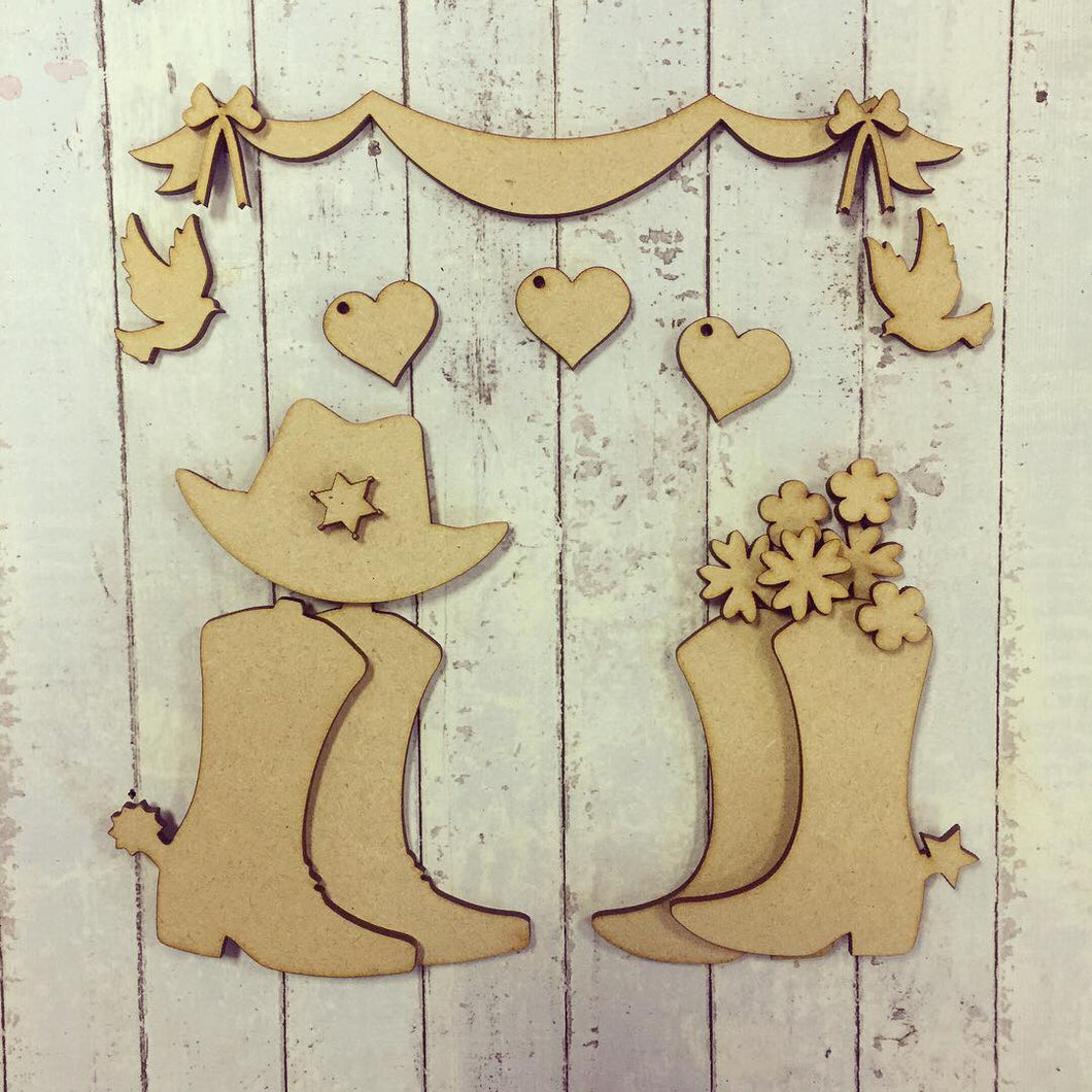 FA011 - MDF Wedding Cowboy Boot Family - Olifantjie - Wooden - MDF - Lasercut - Blank - Craft - Kit - Mixed Media - UK
