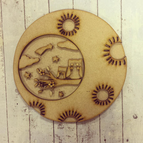 SJ009 - MDF Owl Round Moon Set - Olifantjie - Wooden - MDF - Lasercut - Blank - Craft - Kit - Mixed Media - UK
