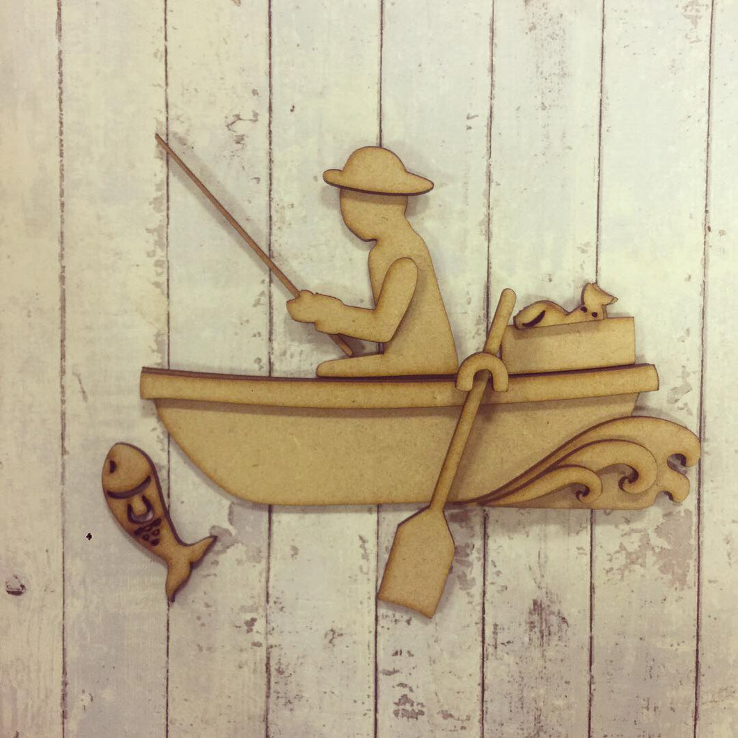 SJ004 - MDF Fisherman in Boat - Olifantjie - Wooden - MDF - Lasercut - Blank - Craft - Kit - Mixed Media - UK