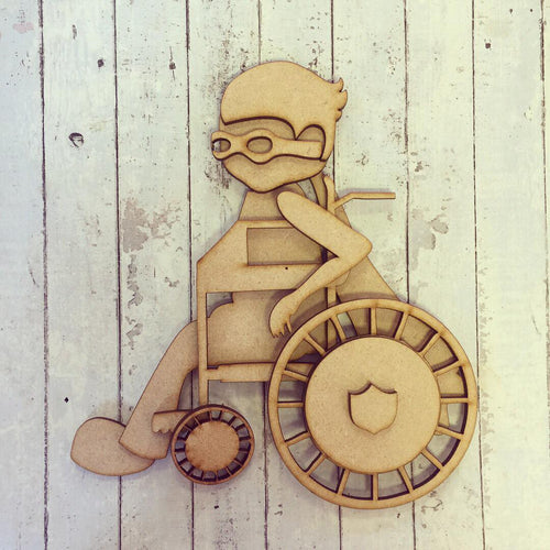 SJ040 - MDF Boy Wheelchair Super Hero - Olifantjie - Wooden - MDF - Lasercut - Blank - Craft - Kit - Mixed Media - UK