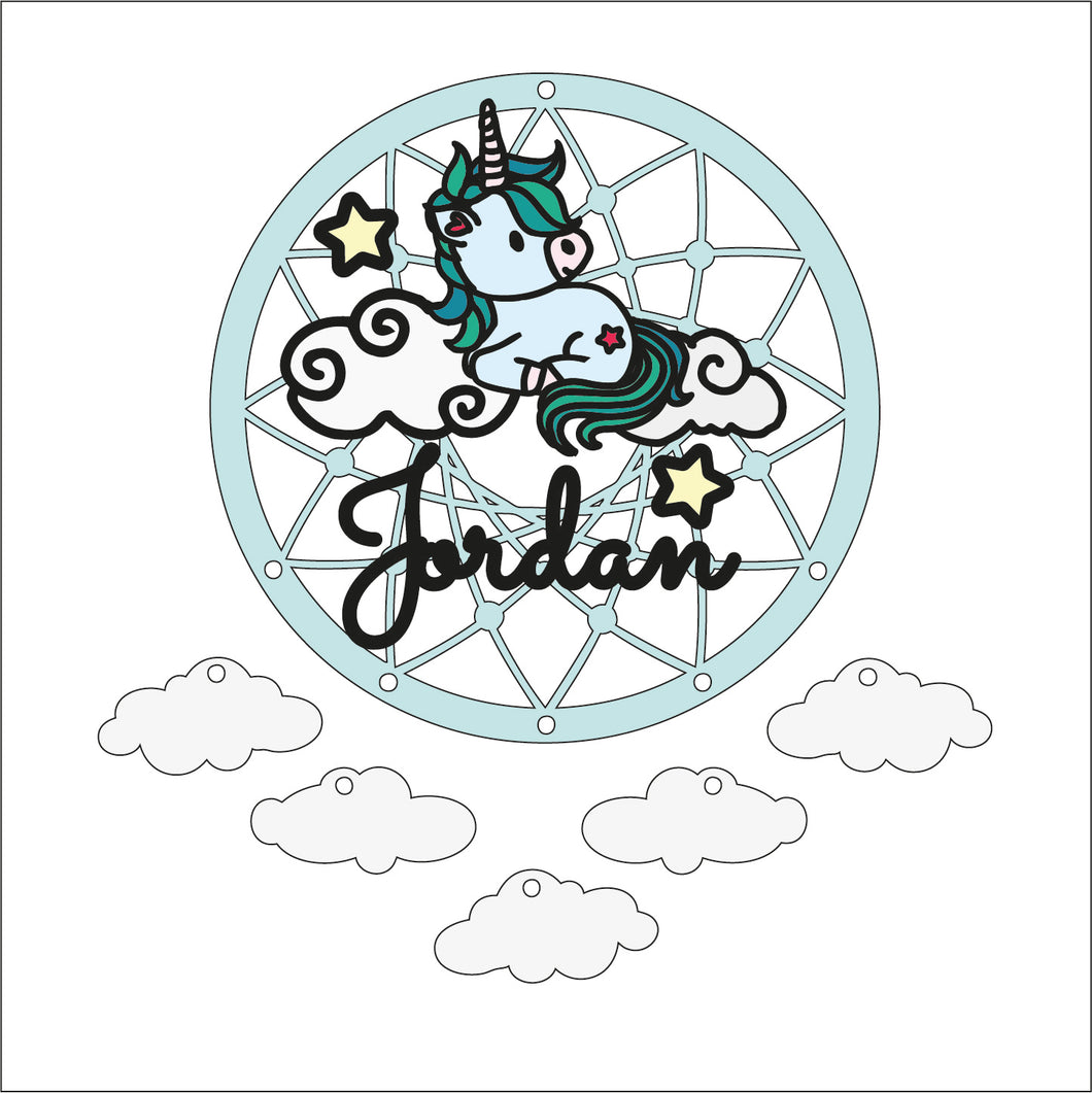 DC095 - MDF Doodle Unicorn Dream Catcher Style 1 - with Initial or Wording - Olifantjie - Wooden - MDF - Lasercut - Blank - Craft - Kit - Mixed Media - UK